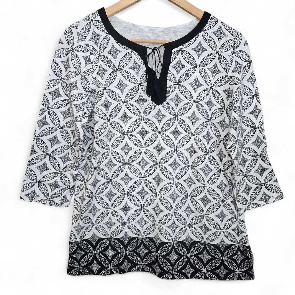Talbots Top Womens Small Black Tunic Slub Knit Tasseled Cotton 3/4 Sleeve‎